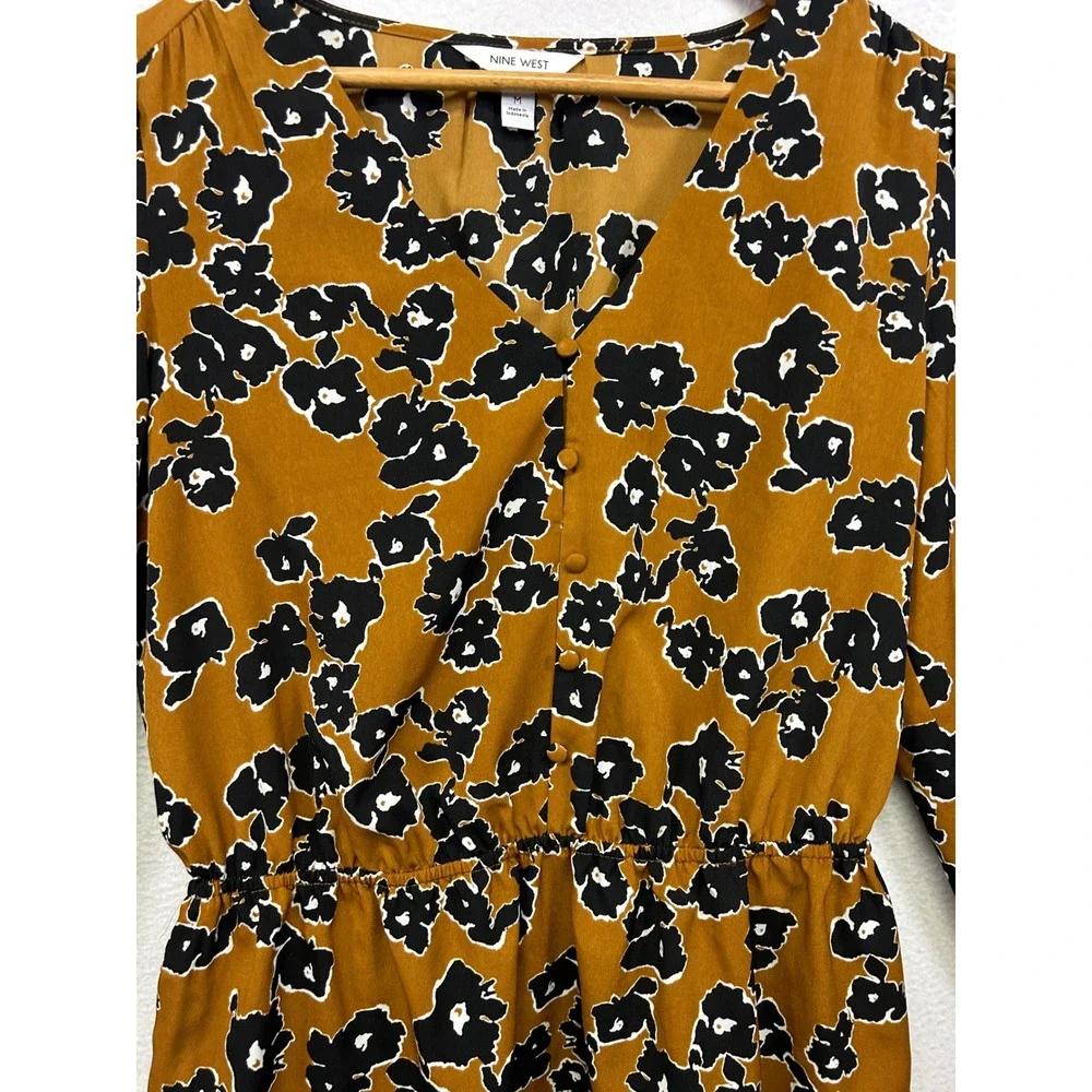 Nine West Floral Peplum Mustard Yellow Womens Medium Long Sleeve V-Neck Blouse